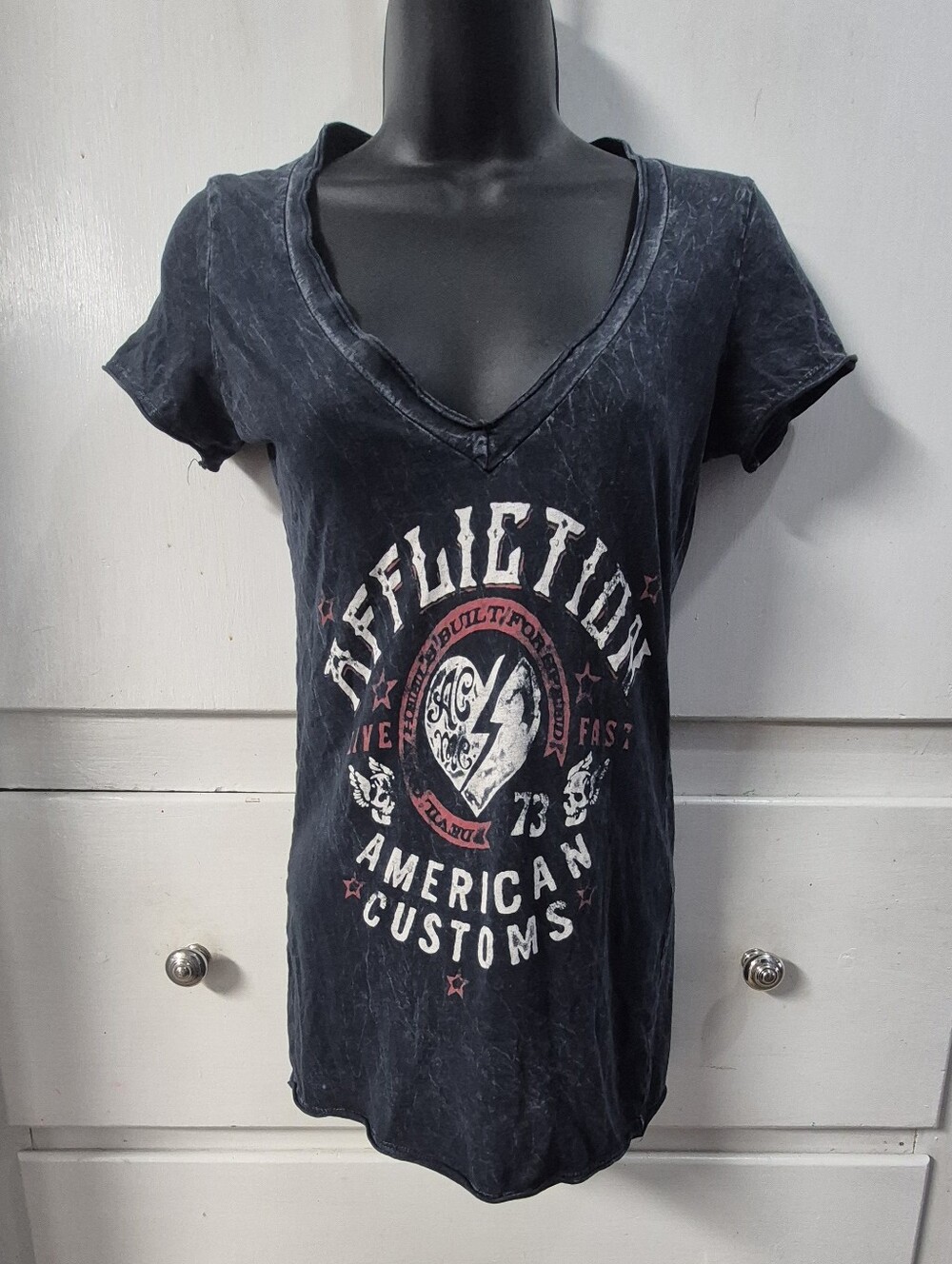 Women’s Small Affliction American Customs Live Fast V- Neck T-Shirt
